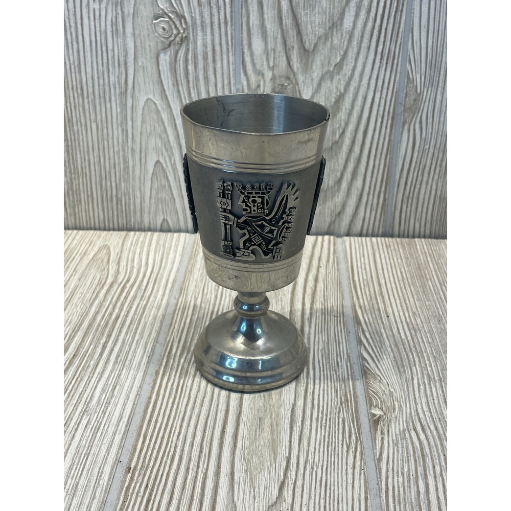 Schohaus Genuine Pewter Bolivia Incan Deity Embossed Chalice Goblet Vintage 4.5"